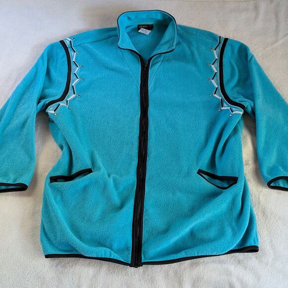 Bob Mackie Wearable Art Fleece Jacket Women's 2XL Blue Geometric Embroidered - Picture 2 of 7